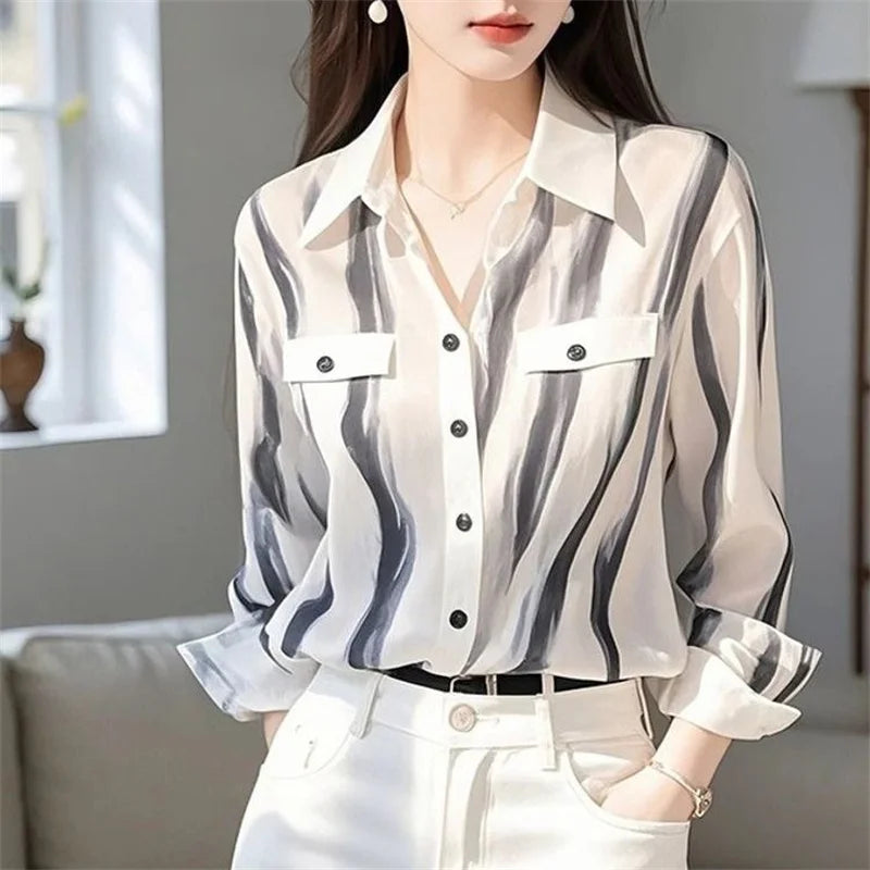 Women Minimalist Style Striped Print Elegant Chic Blouse Office Lady Lapel Business Casual Shirt Spring Long Sleeve Slim Tops