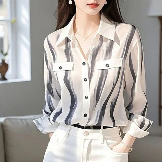 Women Minimalist Style Striped Print Elegant Chic Blouse Office Lady Lapel Business Casual Shirt Spring Long Sleeve Slim Tops
