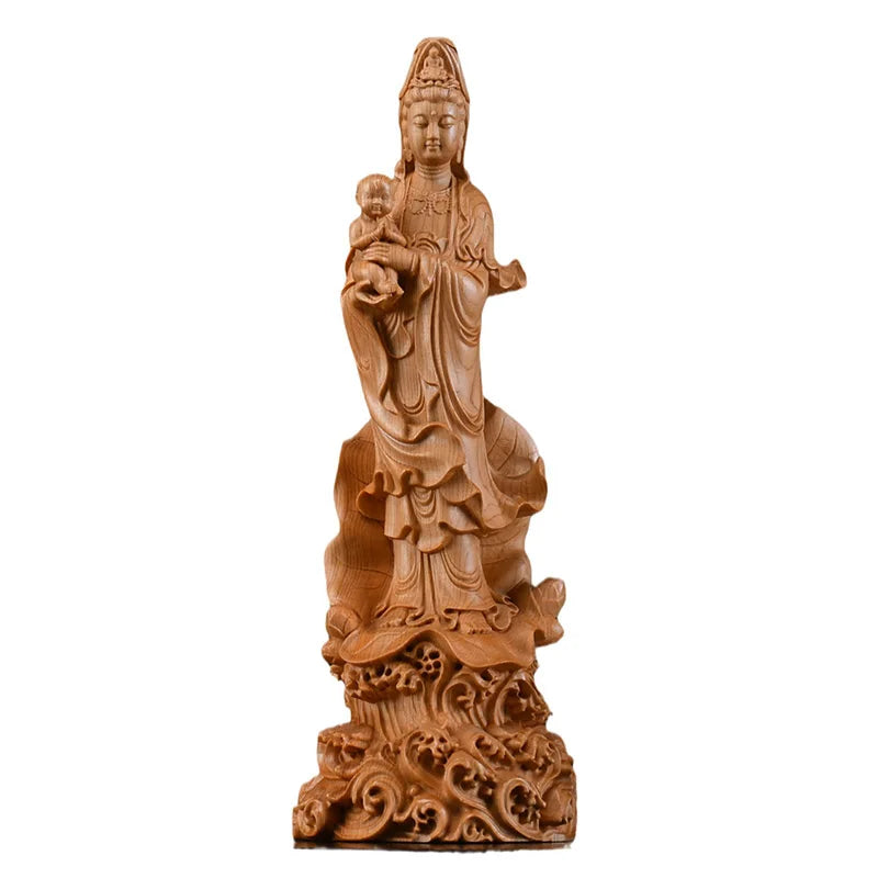 Natural Cypress Sending Son Guanyin Statue - Chinese Buddhist Character Statue Solid Wood Carving Feng Shui Room Ornaments 21Cm