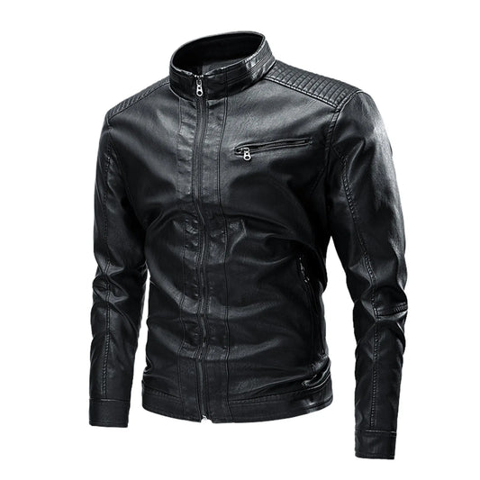 Men'S Lapel Faux Leather Motorcycle Jacket - Casual Lightweight Stand Collar Pu Jacket For Men