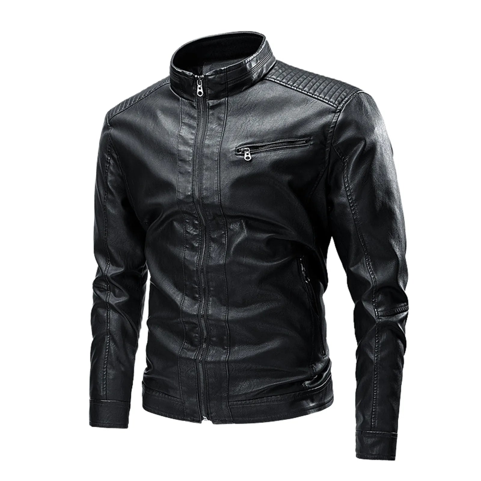 Men'S Lapel Faux Leather Jacket - Stand Collar Motorcycle Style, Casual Lightweight Men'S Coat
