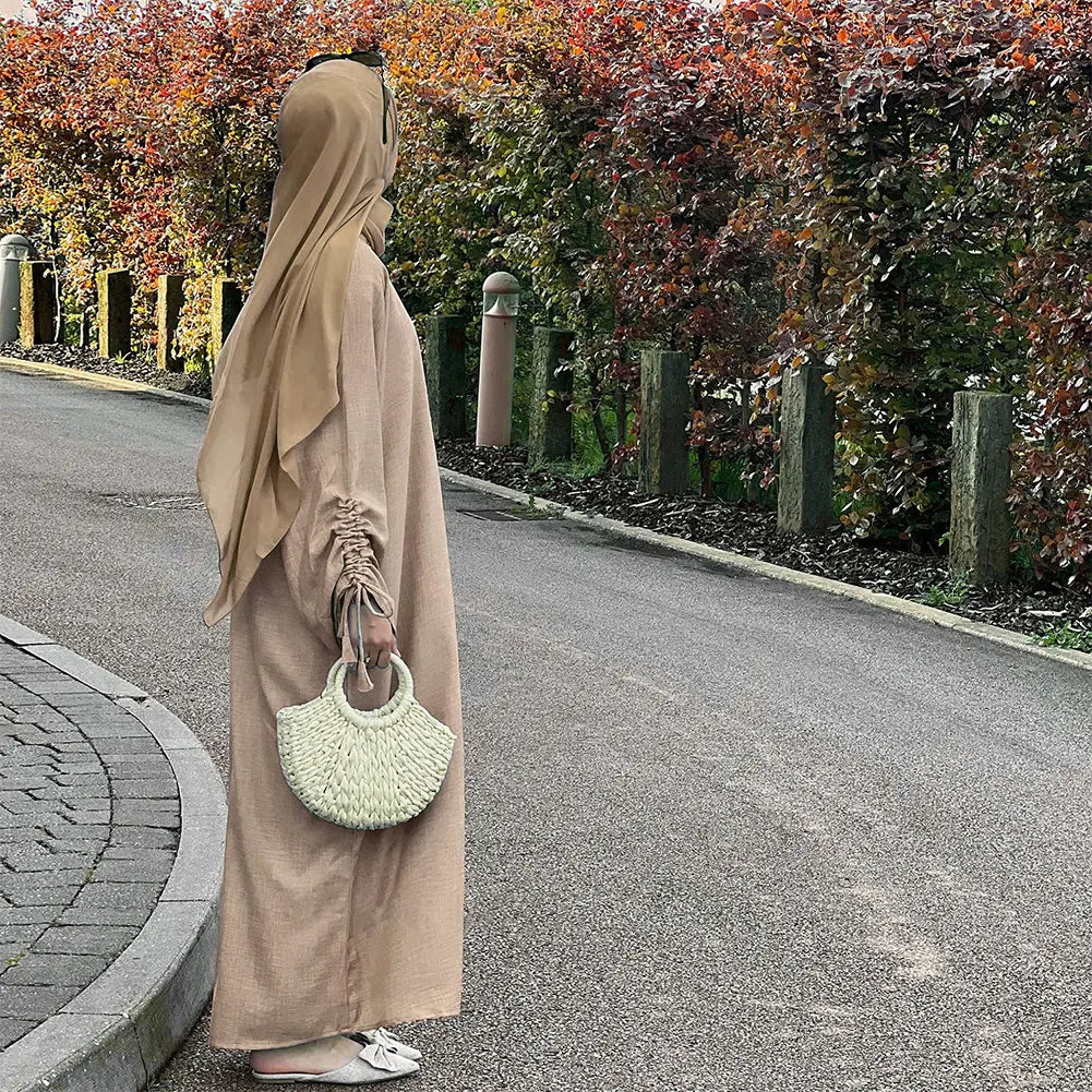 Women'S Casual Loose Maxi Dress Breathable Full Sleeve Muslim Dresses Solid Color Plain Dubai Robe For Spring And Summer Parties