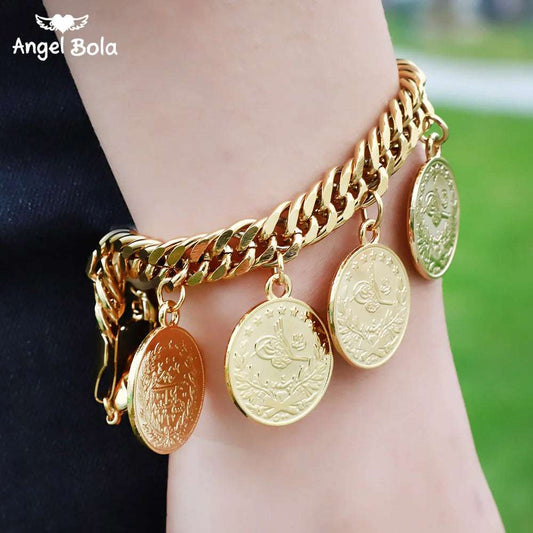 Length19CM/21CM Turkey Coin Bracelet for Women Gold Color Turks Simgesi Osmanli Turasi Muslim Islam Bangle Arab Allah Jewelry