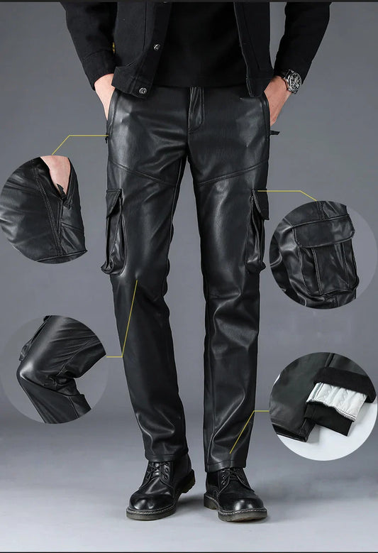 Men`s Multi Pockets Motorcycle Soft Waterproof Windproof Biker Workwear PU Faux Leather Cargo Pants