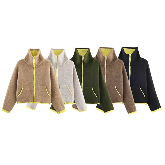 2025 Winter New Product WoMen's Lazy Style Loose Contrasting Color Decorative Layer Knitted Pilot Jacket Coat