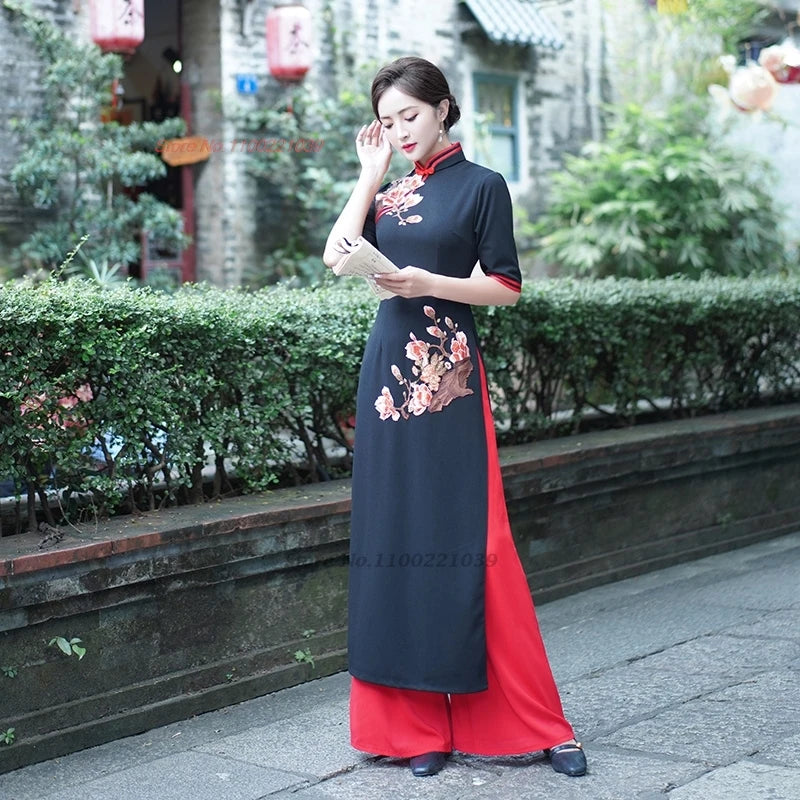 2026 Vietnam Vintage Ao Dai Dress Chinese Cheongsam Dress+Pants Set Traditional Flower Embroidery Banquet Evening Qipao Dress