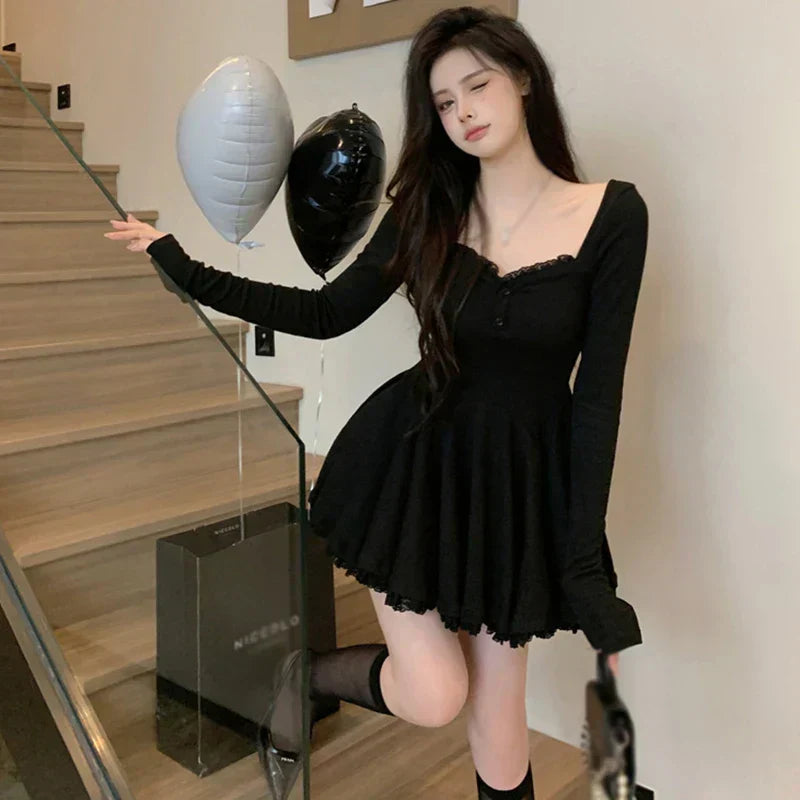 Women  Korean Dress FrenStyle Waist Closed Long Sleeve Collarbone Exposed Sweet