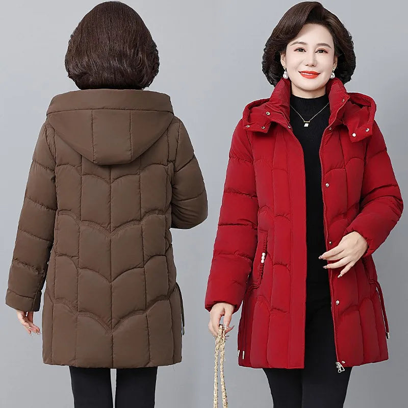 Women Winter Thickened Jackets Down Cotton Parkas Hooded Quilted Long Pockets coat Middle aged Female Overcoat