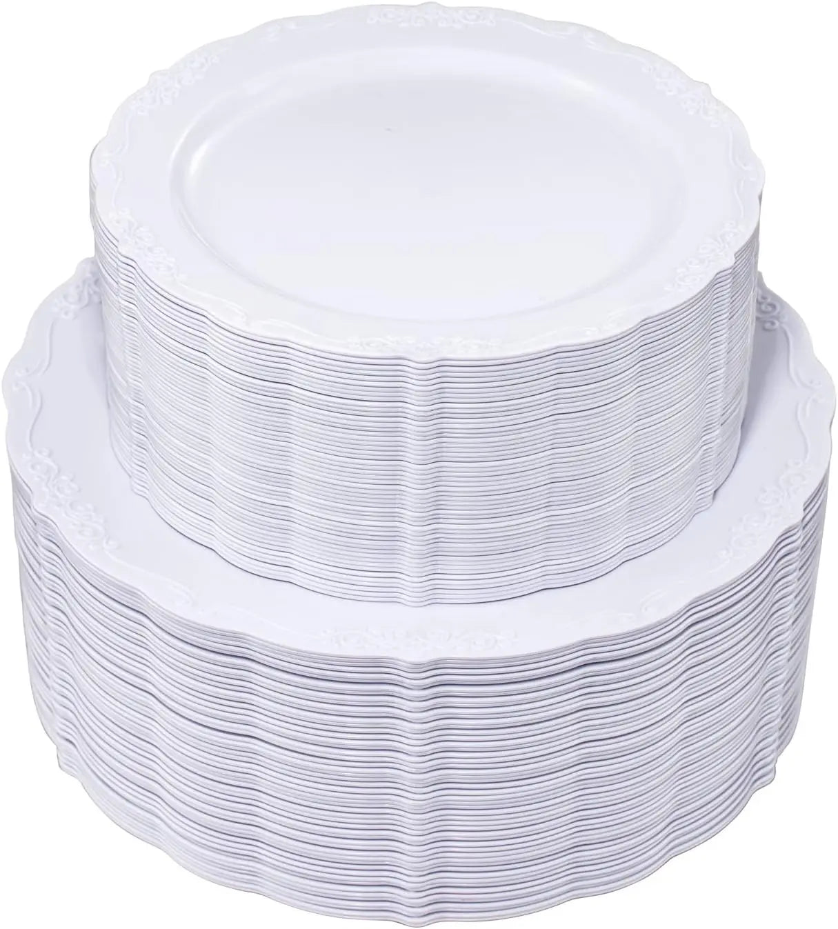 100 White Plastic Plates Set - 10'' Dinner & 7.5'' Dessert Disposable Plates For Wedding, Party Use