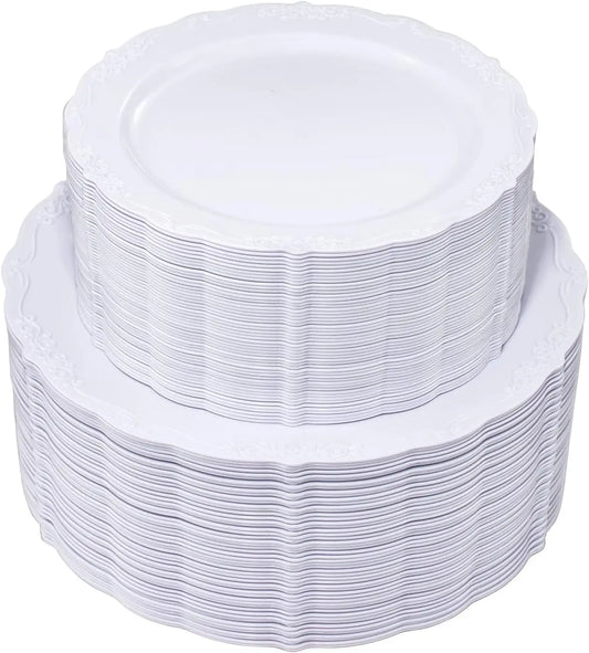 100 White Plastic Plates Set - 10'' Dinner & 7.5'' Dessert Disposable Plates For Wedding, Party Use