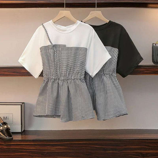 Short Sleeve Fake Two-Piece T-Shirt Women Korean Style Patchwork Summer New Waist-C"ing Design Unique Fashion Top Women