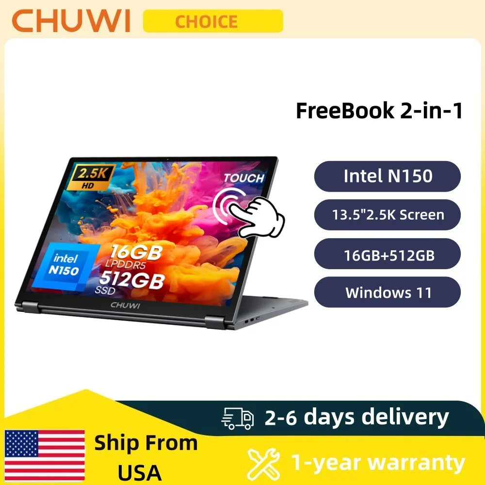 Chuwi Freebook 2-In-1 Laptop 13.5'' Intel N150(Up To 3.6Ghz) 16Gb Lpddr5 Ram 512Gb Ssd Fhd 2520X1680 Wifi 6 Bt5.2 Windows 11