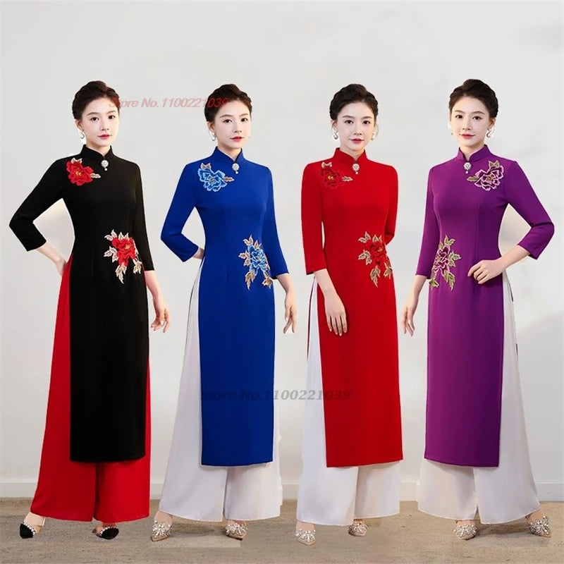 2026 Vietnam Vintage Dress National Flower Embroidery Oriental Qipao Dress+Pants Set Retro Aodai Elegant Oriental Banquet Dress