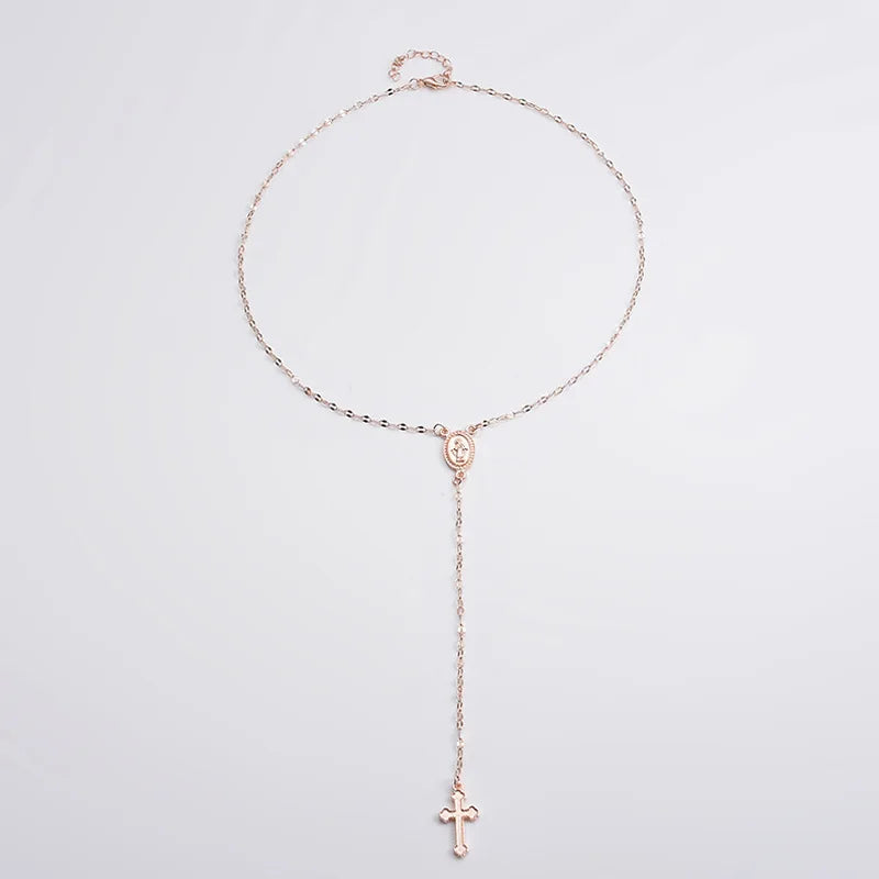 Vintage Our Lady Medal Cross Y-Necklace Rose Gold Plated Choker Hot-Se