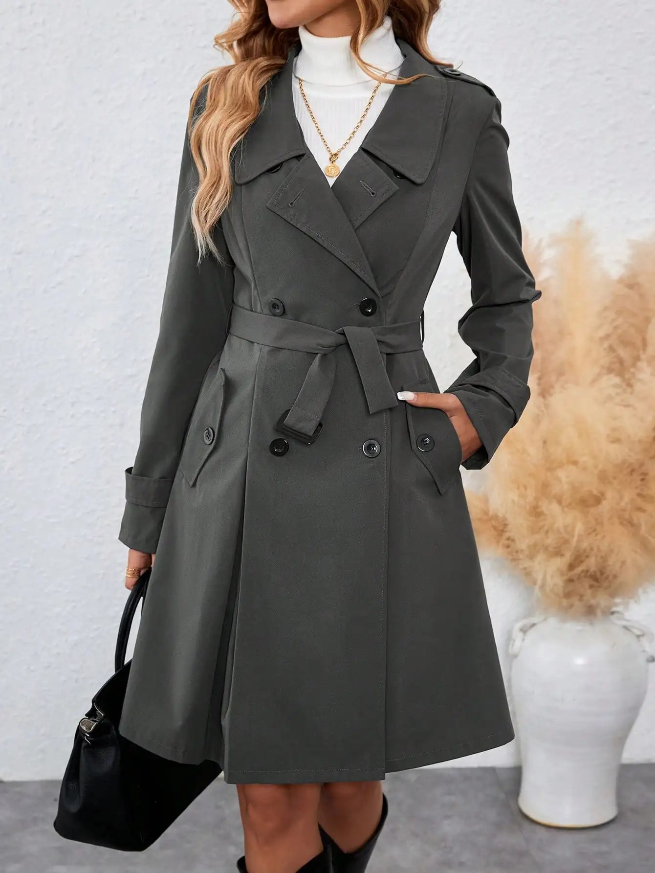 Women'S Long Collar Loop Buckle Cinched Waist Gray Trench Coat Fall Winter Cloth For Women