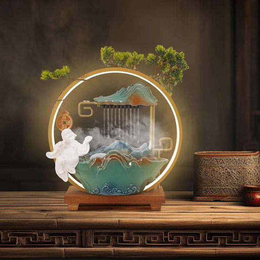 Tabletop Water Fountain, 15" Tall Indoor Water Fountain with LED Light, Rockery Waterfall Fountain with Atomizer