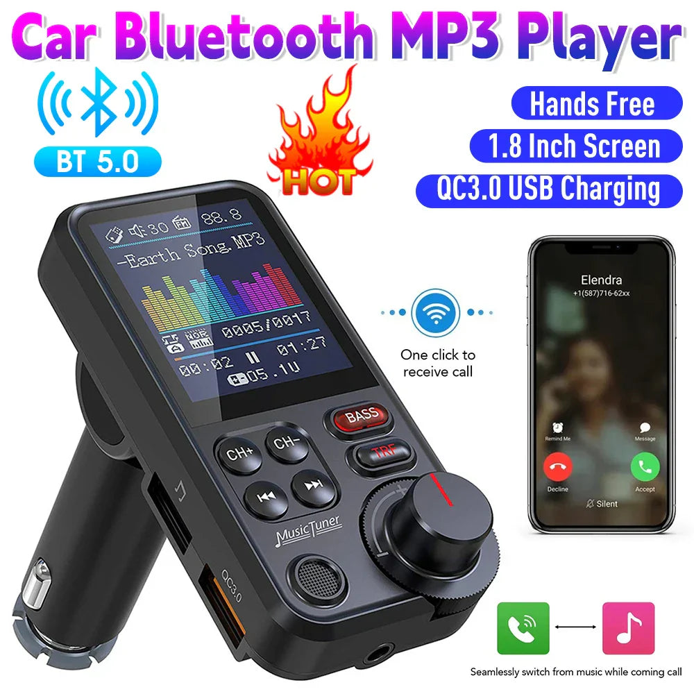 1.8 Inch Music Player QC3.0 Charging Bluetooth-Compatible Quick Charge Adapter Car Wireless USB Fast Charger Car Charger Adapter