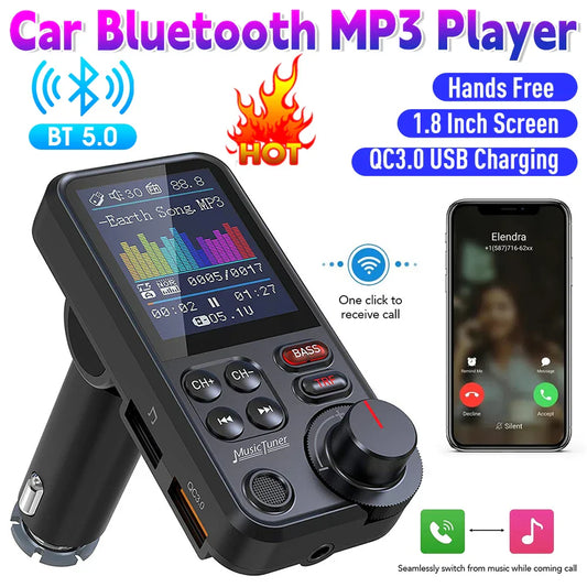 1.8 Inch Music Player QC3.0 Charging Bluetooth-Compatible Quick Charge Adapter Car Wireless USB Fast Charger Car Charger Adapter