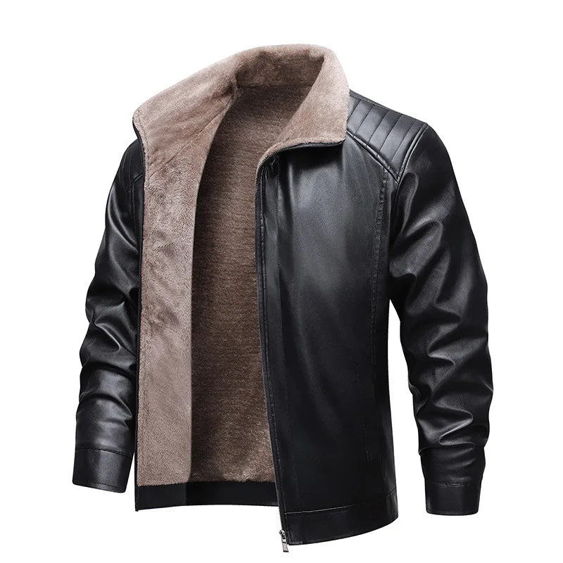 Men'S Thickened Fleece Lined Faux Leather Jacket - Square Collar Fashionable Business Casual Autumn Winter Coat