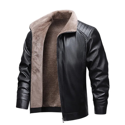 Men'S Thickened Fleece Lined Faux Leather Jacket - Square Collar Fashionable Business Casual Autumn Winter Coat