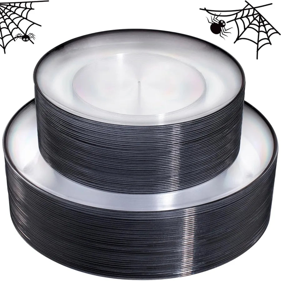 60 Pcs Black Plates Disposable For Party Halloween Dinner And Appetizer Dessert Sets With Clear Design Includes 30 Large 10.25