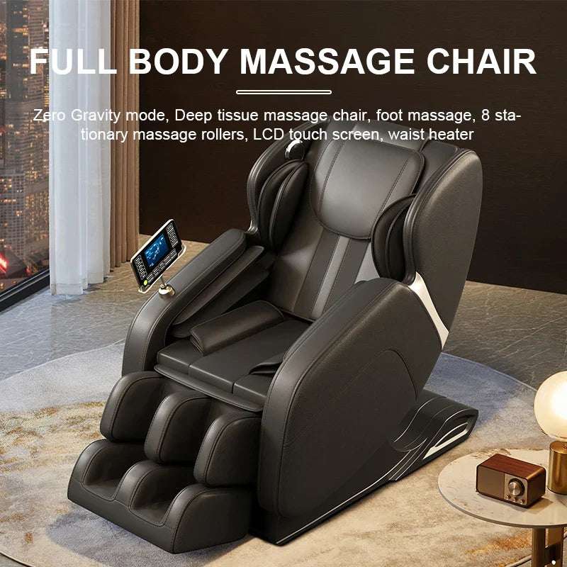 Full body massage chair zero gravity mode foot massage 8 fixed massage rollers LCD touch screen waist heater Bluetooth black