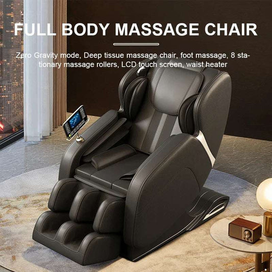 Full body massage chair zero gravity mode foot massage 8 fixed massage rollers LCD touch screen waist heater Bluetooth black