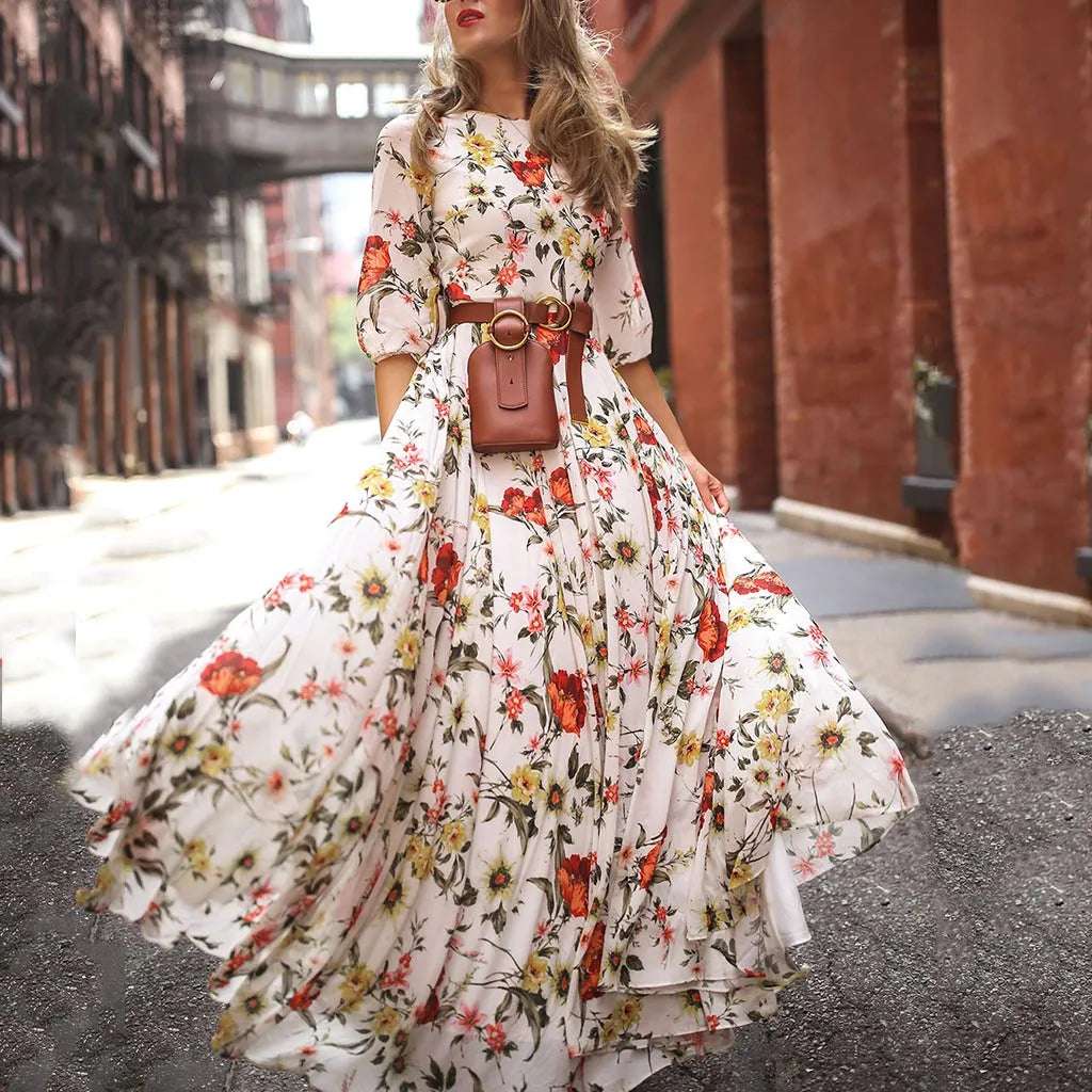 Spring Autumn Vintage Flower Floral Print Maxi Dress Office Lady Fashion Mujer  Long Sleeve O-neck Dresses For Women 2023