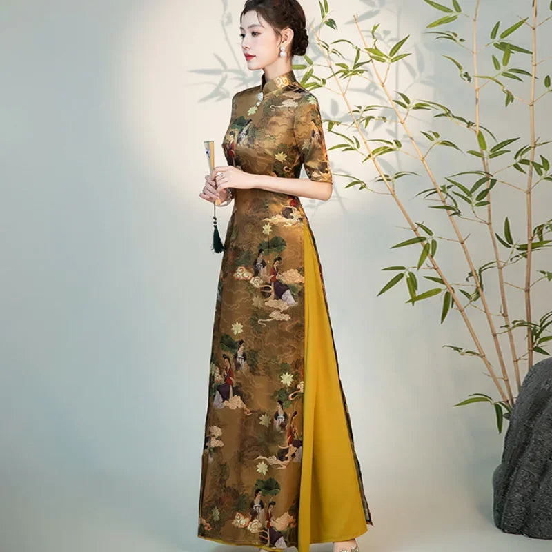 Vintage Classic Mandarin Colla Long Cheongsam Oversized Improved Aodai Qipao Traditional Chinese Style Dress Satin Vestidos 5Xl