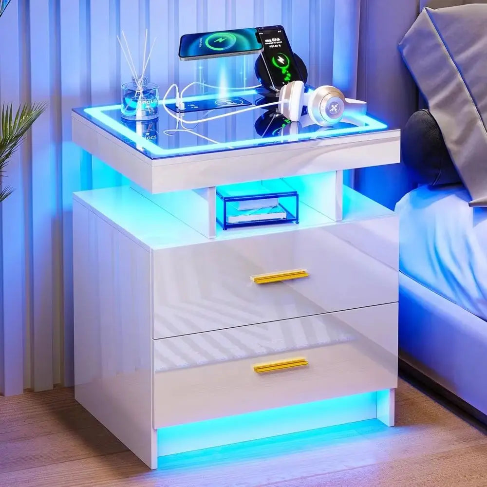 LED Nightstand with Charging Station  High Gloss Bedside Table with 2 Drawers, Smart Night Stand with Auto Sensor Lights