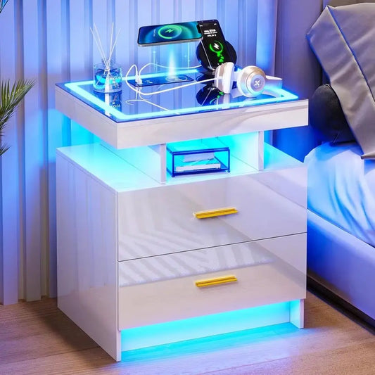 LED Nightstand with Charging Station  High Gloss Bedside Table with 2 Drawers, Smart Night Stand with Auto Sensor Lights