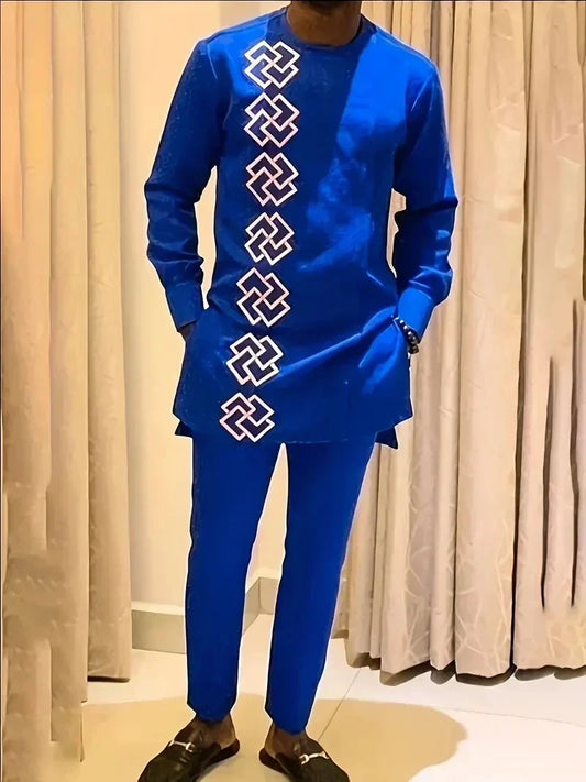 Men's fashion casual blue print two-piece suit