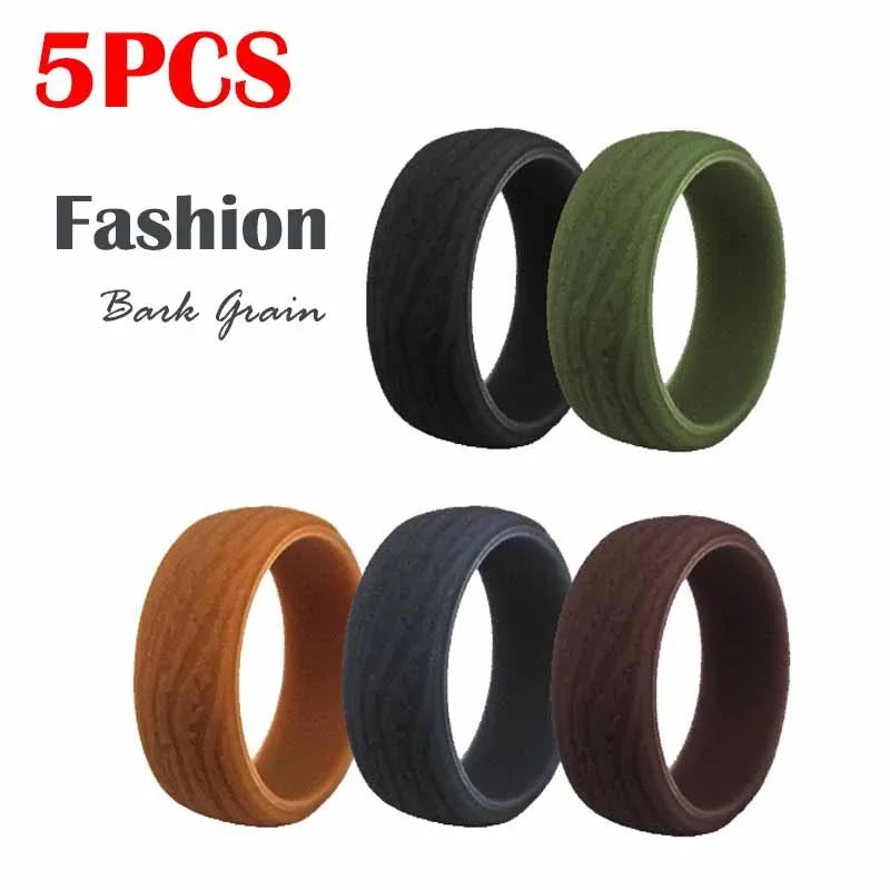 5Pcs/Set 8.7Mm Sports Silicone Bark Grain Ring 5 Color For Men Outdoor Rubber Bands Hypoallergenic Flexible Finger Rings