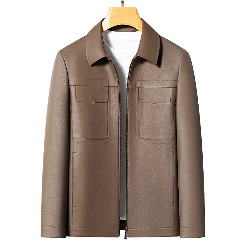 YN-2393 Leather Jacket Men's Lapel Zipper Natural Sheepskin Jacket For Middle-aged And Young Business Casual Top Black Brown