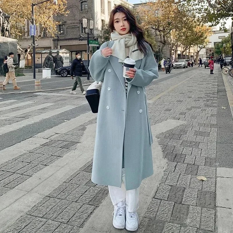 Women'S Blue Korean Style Loose Woolen Coat - Fashion Autumn Winter Outerwear