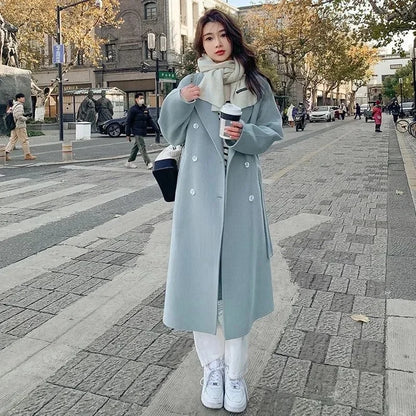 Women'S Blue Korean Style Loose Woolen Coat - Fashion Autumn Winter Outerwear