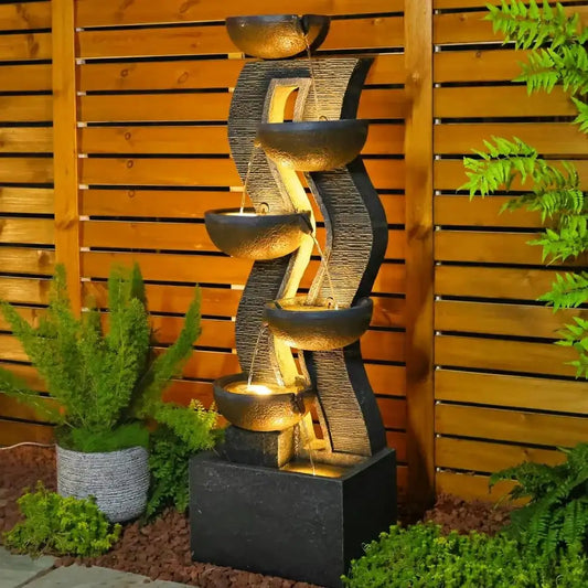Large Outdoor Garden Fountain with Illuminated Waterfall, Resin Fountain, 6th Floor, High Garden