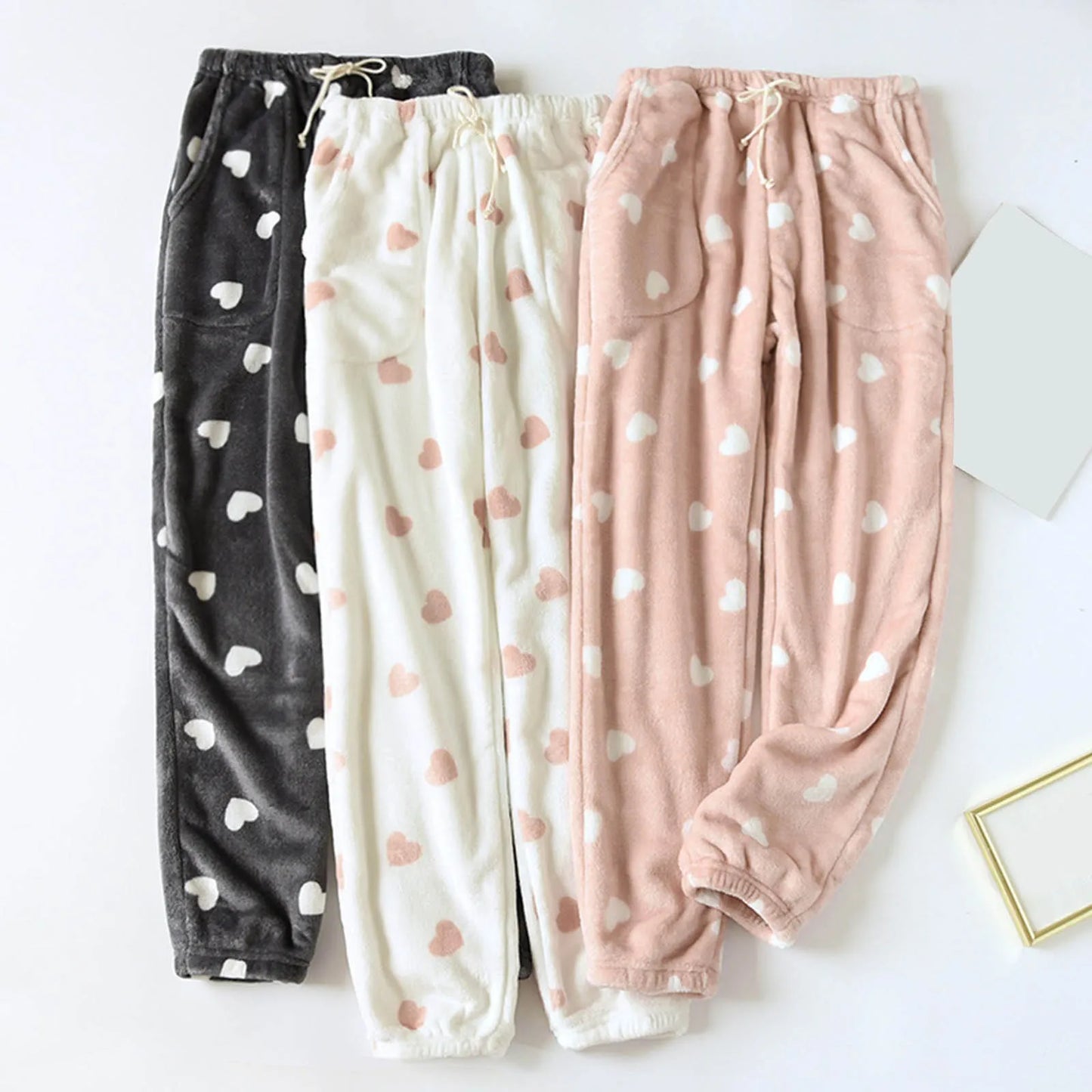 Women Flannel Pajama Pants Plush Winter Warm Sleepwear Drawstring Heart Print Pyjama Pants Sleep Trousers Clothing