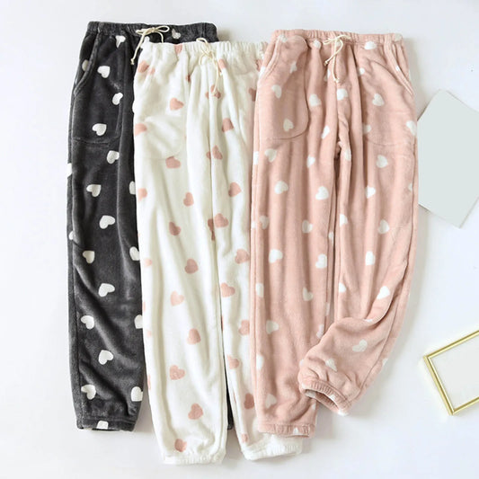 Women Flannel Pajama Pants Plush Winter Warm Sleepwear Drawstring Heart Print Pyjama Pants Sleep Trousers Clothing