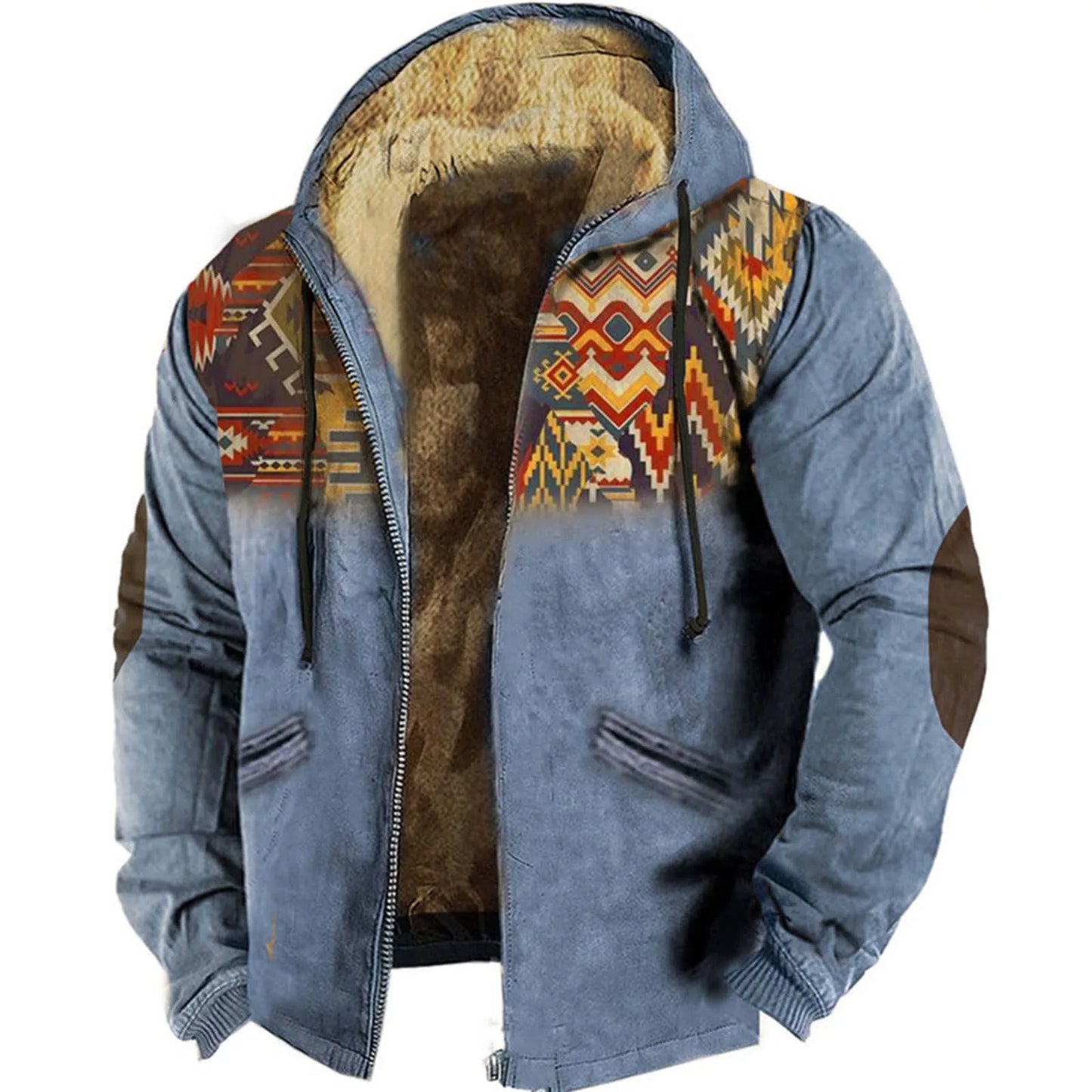 Winter Men'S Vintage Lamb Wool Jacket Fashion Retro Print Hooded Zipper Fleece Lined Hoodie Outwears Warm Plush Bomber Jacket