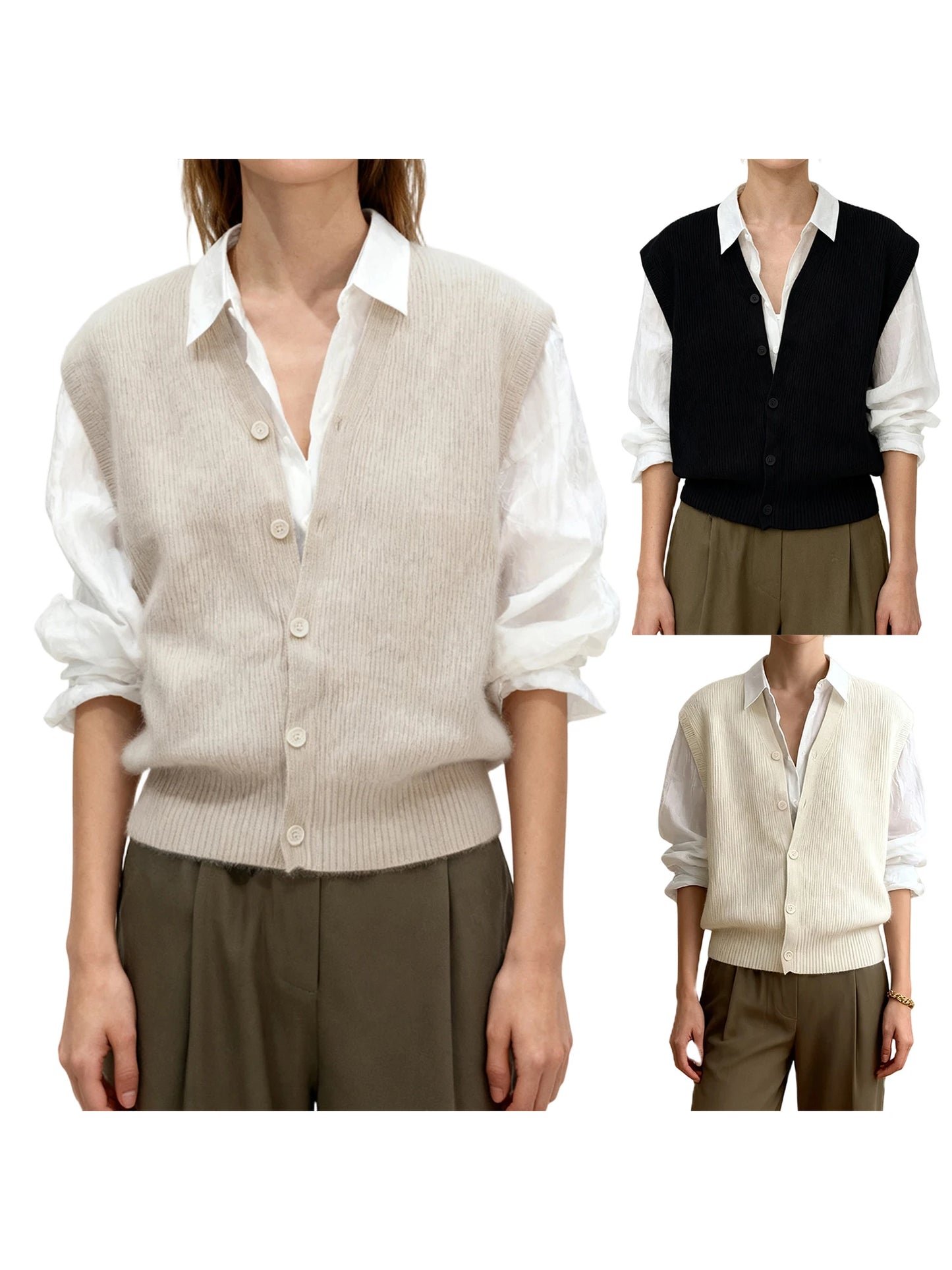 Women's Sleeveless V Neck Button Down Cardigan Vest in Solid Color Knit - Fashionable and Versatile Choice for Any