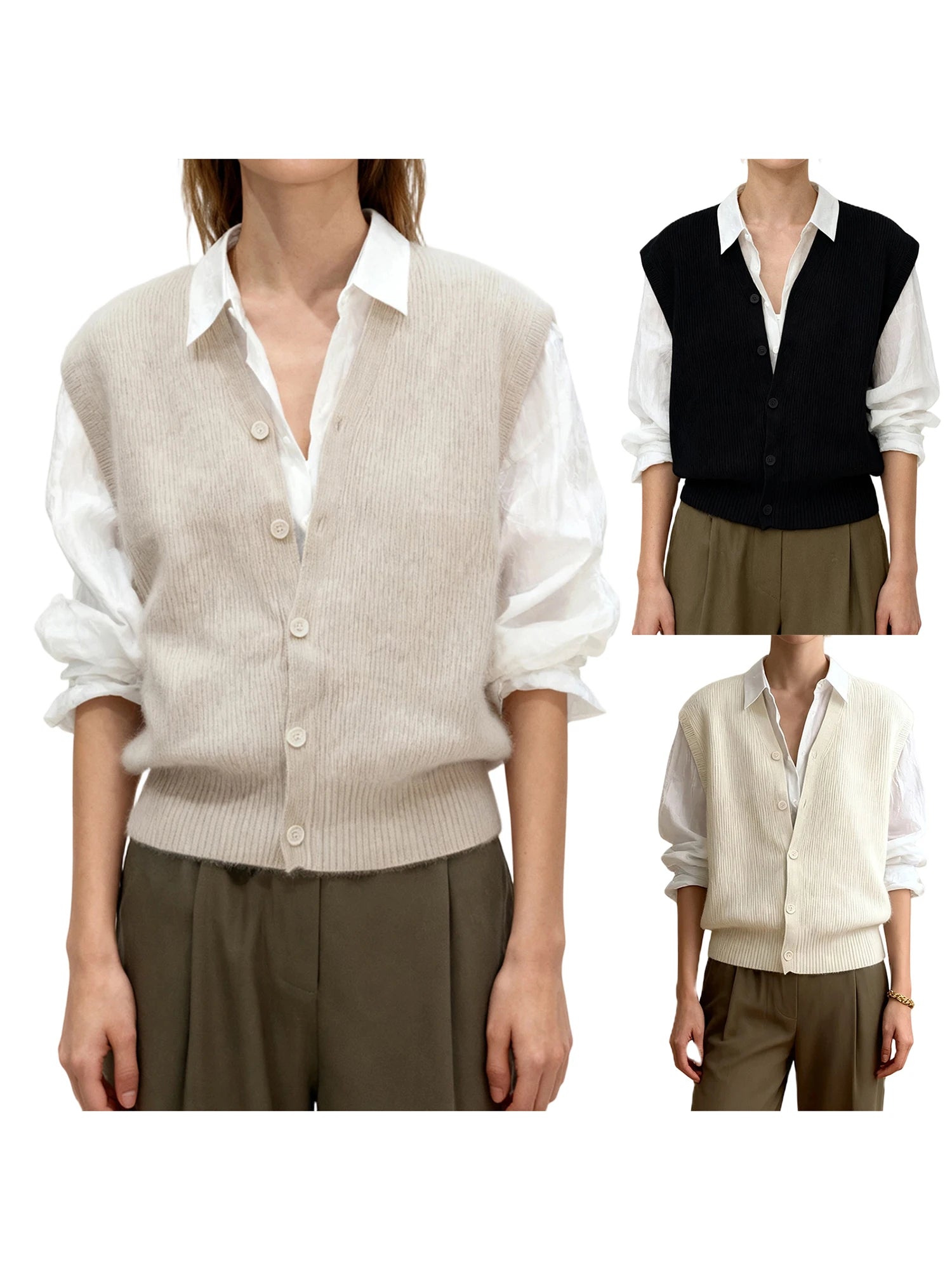 Women's Sleeveless V Neck Button Down Cardigan Vest in Solid Color Knit - Fashionable and Versatile Choice for Any