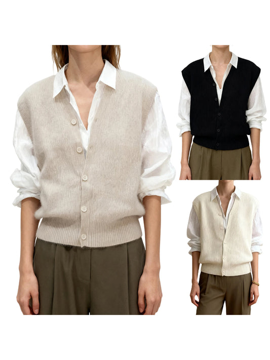 Women's Sleeveless V Neck Button Down Cardigan Vest in Solid Color Knit - Fashionable and Versatile Choice for Any
