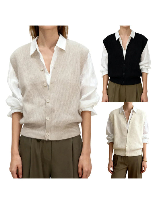 Women'S Sleeveless V Neck Button Down Cardigan Vest In Solid Color Knit - Fashionable And Versatile Choice For Any