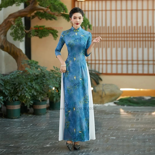 2026 Vietnam Traditional Dress Improved Qipao National Flower Print Vietnam Ao Dai Dress Oriental Banquet Evening Qipao Dress