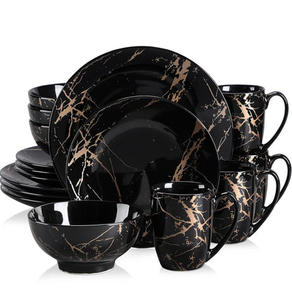 16Pcs Black Procelain Tableware Set Design By Gold Splash With Dinner Plate/Cake Plate/Bowls/Coffee Cups Kitchen Dinner Ware Set