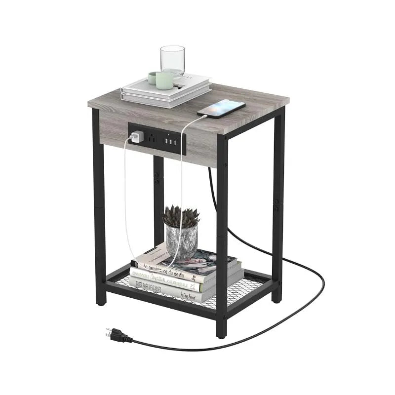 Nightstand With Charging Station Bedroom End Side Table With Usb Ports  Outlets Modern Record Player Stand 2-Tier Bedside Table