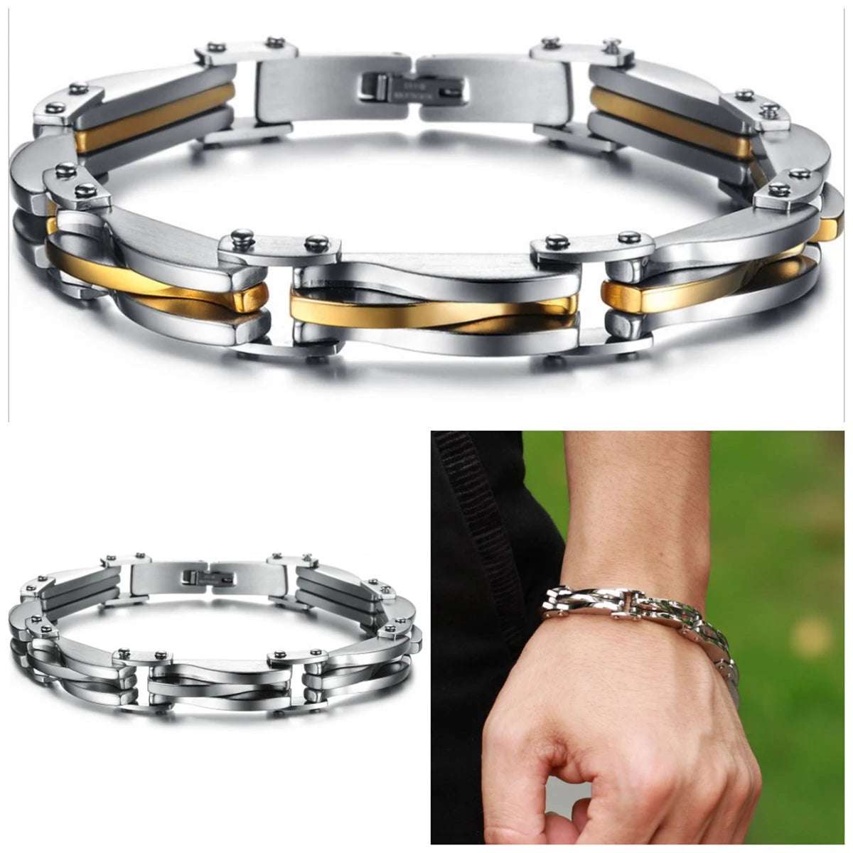 Boniskiss Men'S Boys Stainless Steel Two Tone Rhombus Cool Link Bangle Bracelet Cuff G/Silver Color Wristband Jewelry Xmas Gift