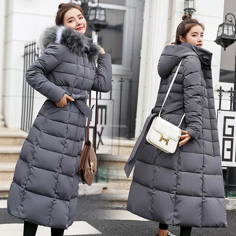 2025 Winter Women Jacket Warm Fashion Comfortable Bow Belt Fox Fur Collar Clothes Long Dress Office Casual Women Thick Coat