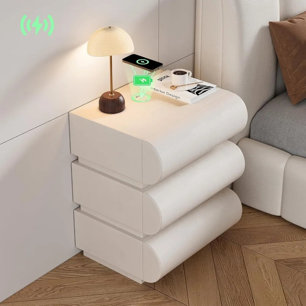 Nightstand, Smart Nightstand with Drawers Modern White Leather Nightstands with Wireless Charger Bedside Table With